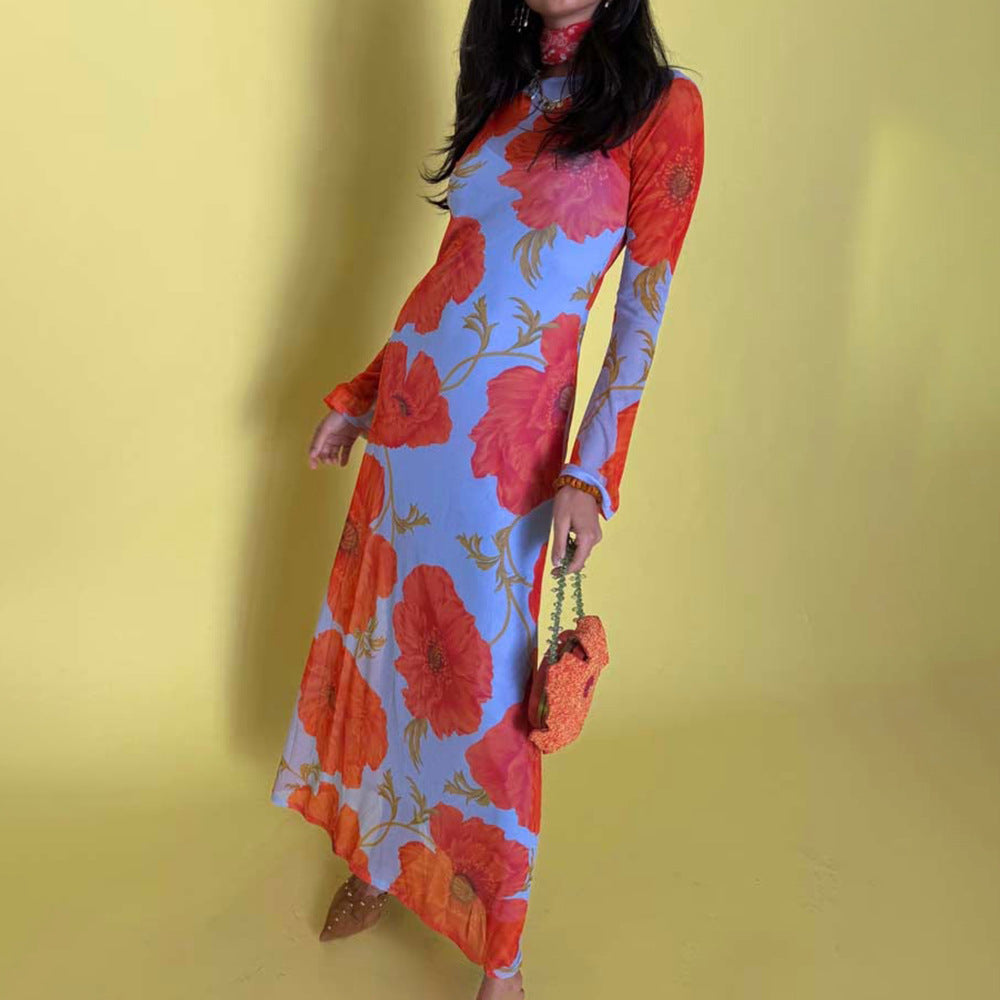 Sexy See through Mesh Floral Print Dress Lazy Casual Wild Dress