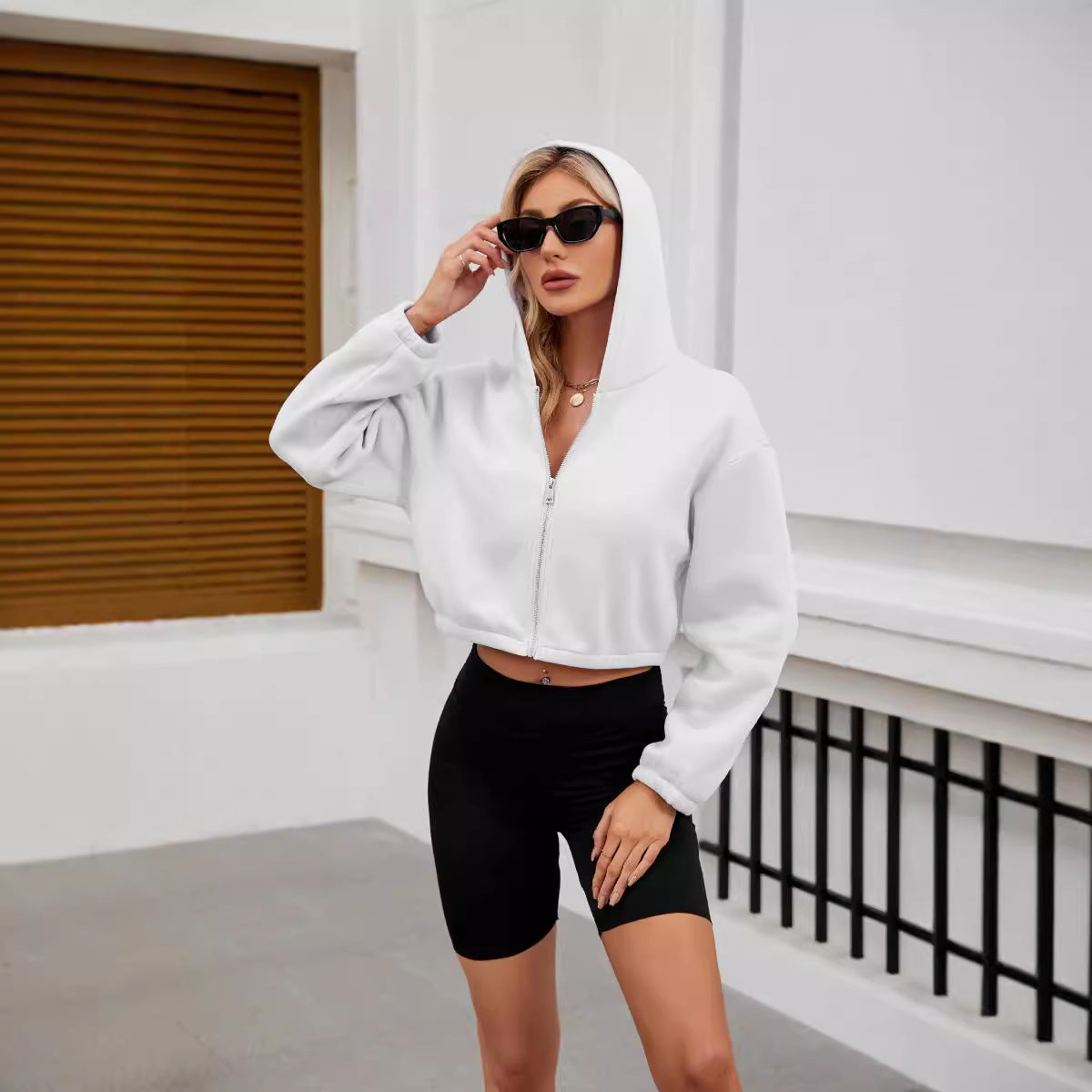 Autumn Winter Zipper Hooded Drawstring Solid Color Short Long Sleeve Sweatshirt Women