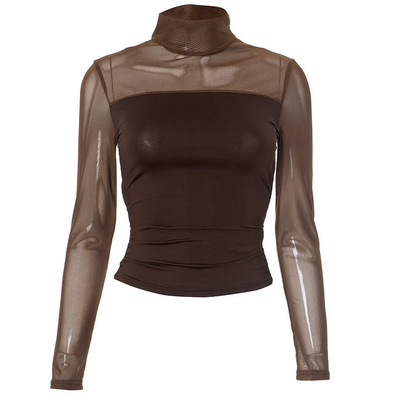 Women Clothing Turtleneck Mesh Stitching Long Sleeve Sexy See through Short Top