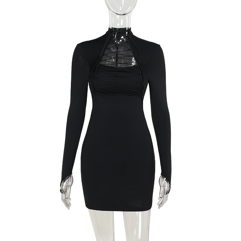 Hollow Out Cutout Sexy Waist Trimming Tied Long Sleeves Sheath Dress Women Clothing