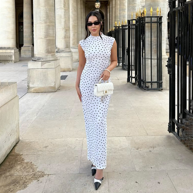 Women Clothing French Classical Cheongsam Slim round Neck Sleeveless Slimming Polka Dot Print Dress Women