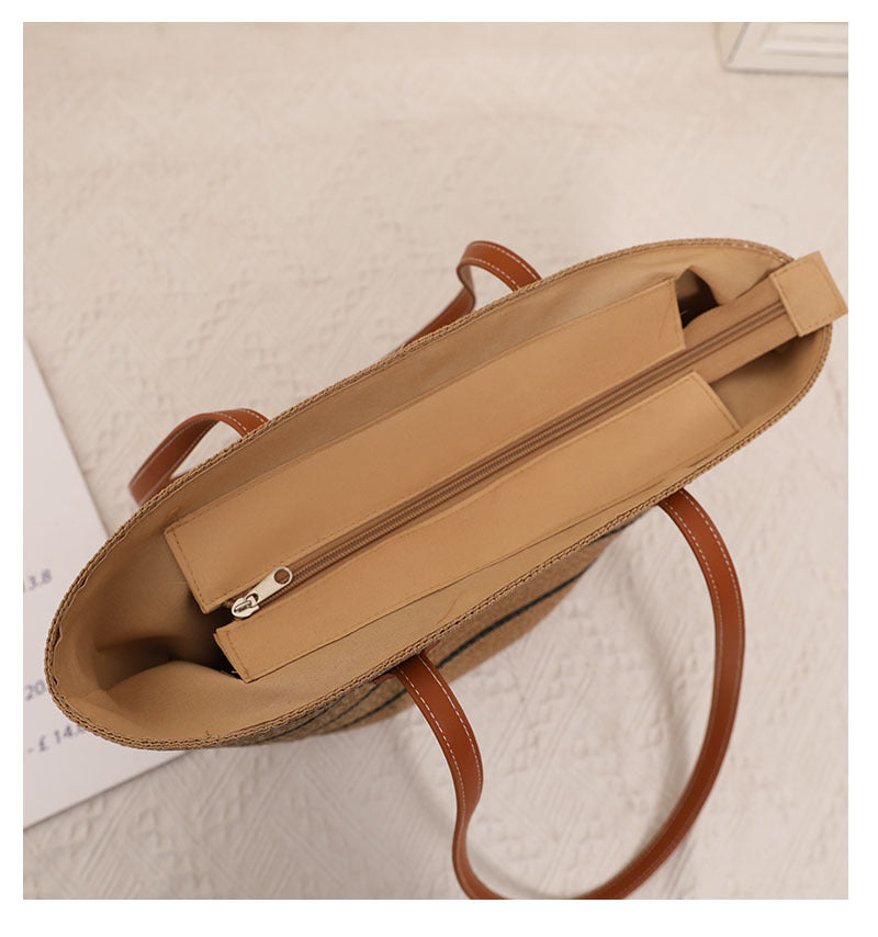Striped Shoulder Straw Bag Woven Bag Summer Large Capacity Casual All Match Women Seaside Beach Rattan Woven Bag