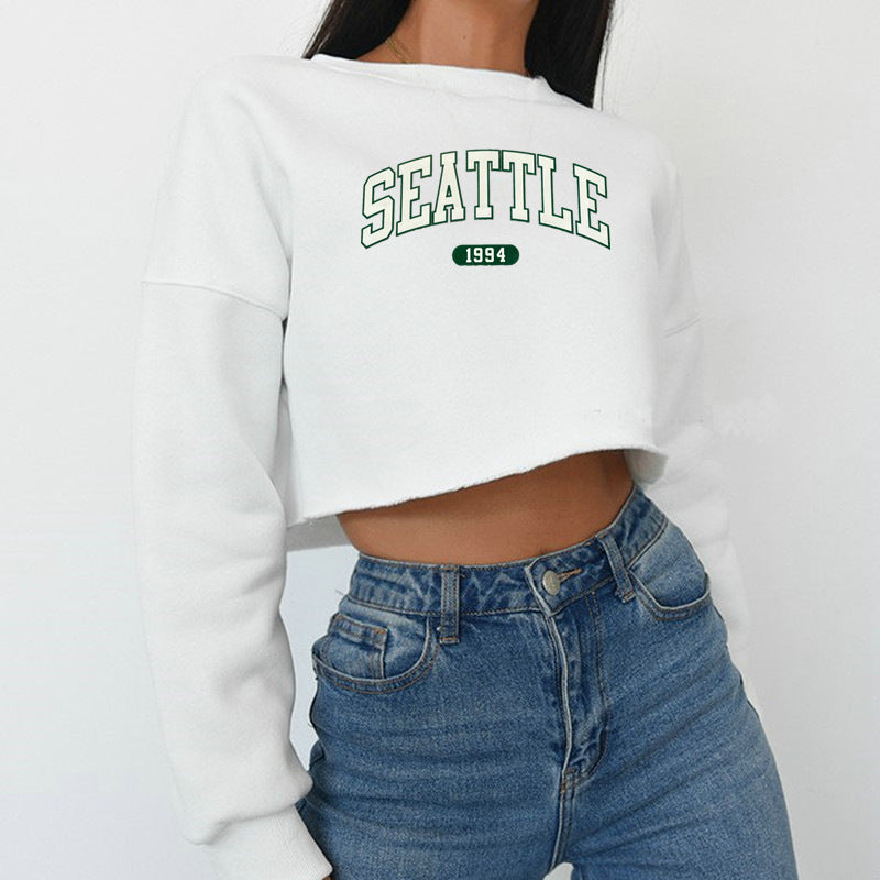 Women Clothing Autumn Winter Seattle Letter Graphic Printing Short Loose Long Sleeves Sweatshirt