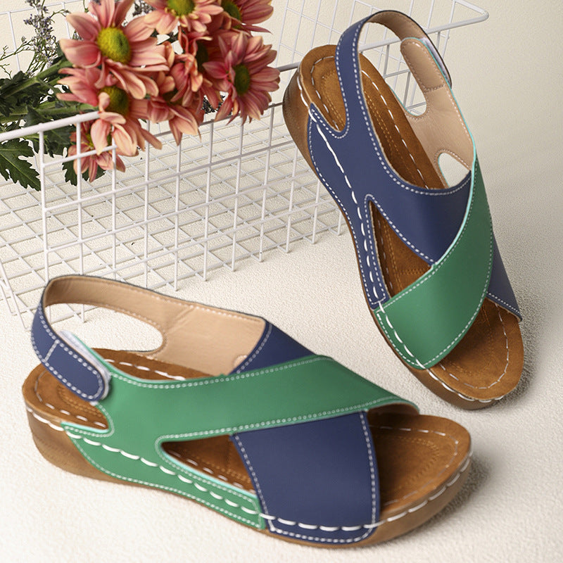 Platform Cross Wedge Sandals Women Outer Wear Contrast Color Breathable Velcro Beach Slippers