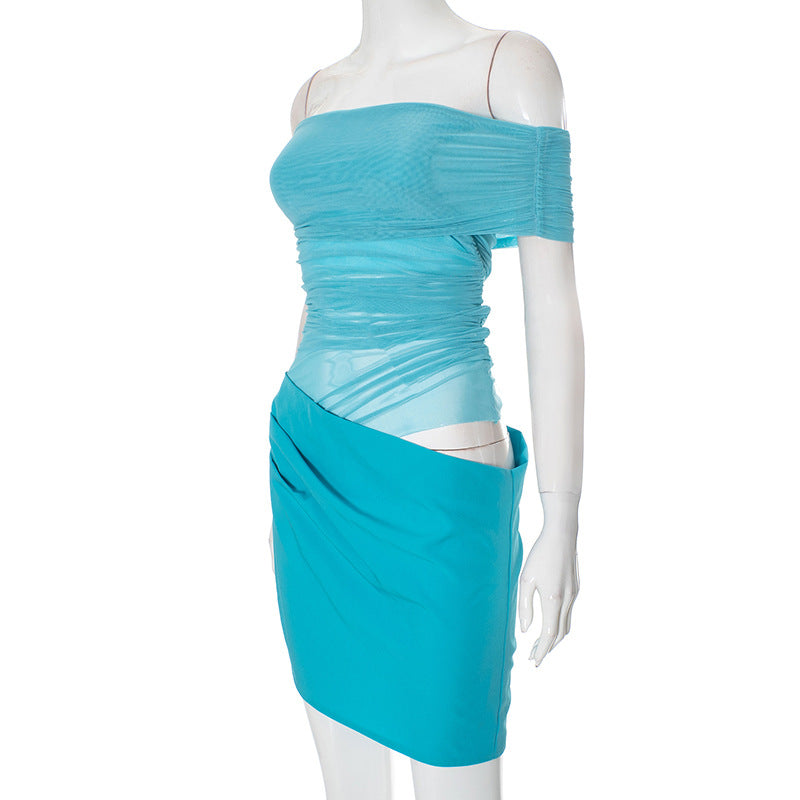 Women Clothing Mesh Stitching off Neck Transparent Slim Fit Sheath Dress