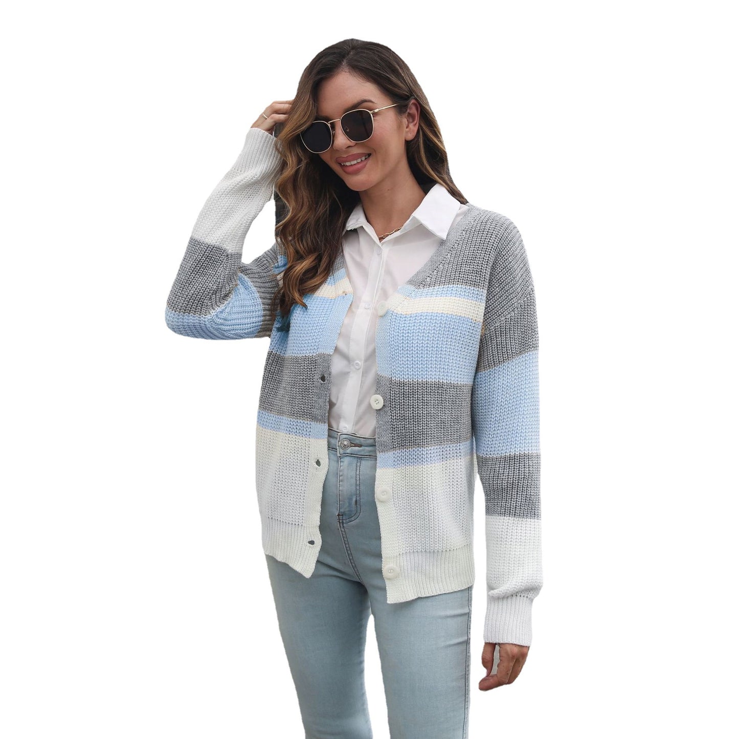 Striped Color Matching Breasted Loose Knitted Cardigan Sweater Women Autumn Winter Women Clothing Sweater