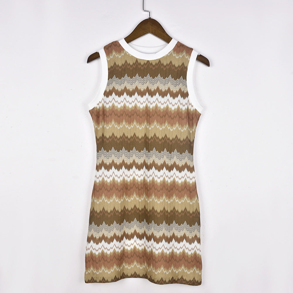 Women Clothing Spring Pattern Print round Neck Contrast Color Sexy Dress