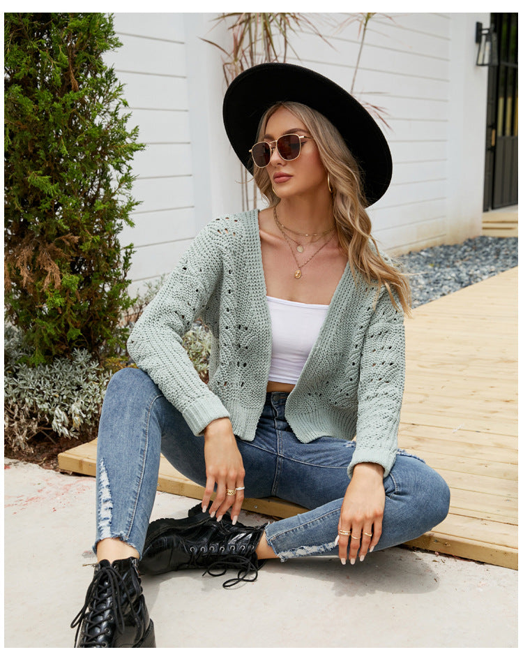 Short Autumn Winter Top Long Sleeves Outer Match Knitwear Wild Solid Color Hollow Out Cutout out Sweater Cardigan