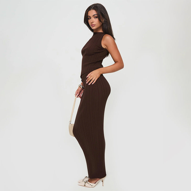 Summer Solid Color round Neck Unrepaired Irregular Asymmetric Top High Waist Dress Slim Fit Two Piece Sets
