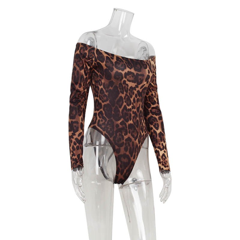 Women off Neck High Waist Long Sleeve Leopard Print Jumpsuit Tight Top