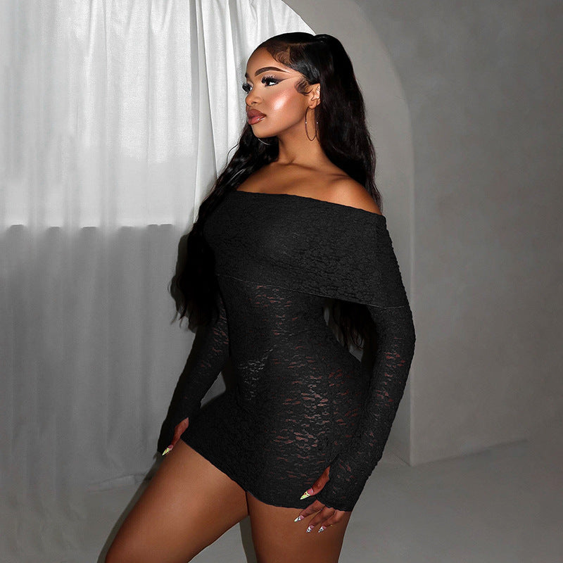 Women Autumn Sexy Collared off-Shoulder Long Sleeve Lace Slim Fit Dress