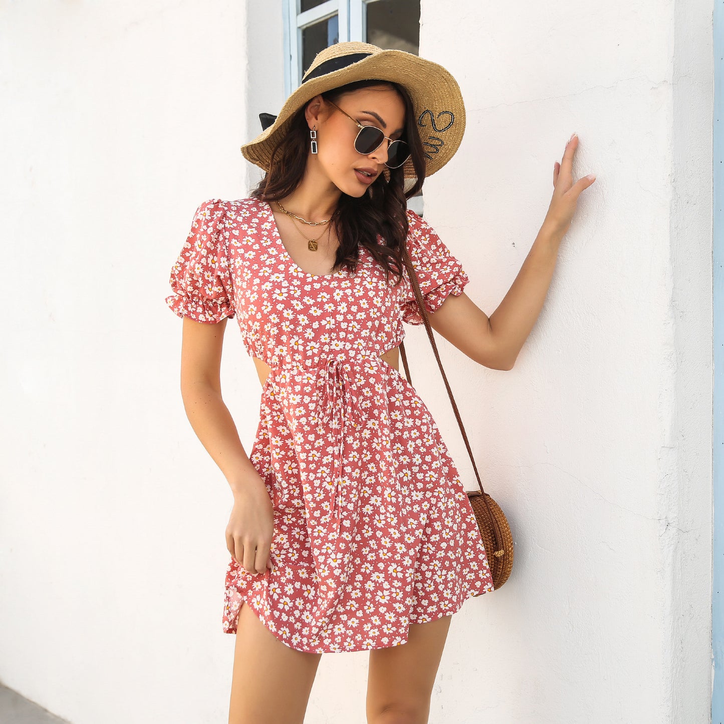 Women Clothing Summer Puff Sleeve Cropped Outfit Floral Dress