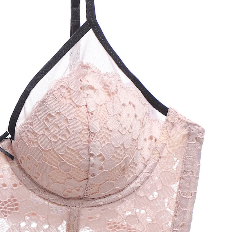 Sexy Underwear Thin Cup Braces Vest Bra Push up Crocheted Lace Long Bra Set