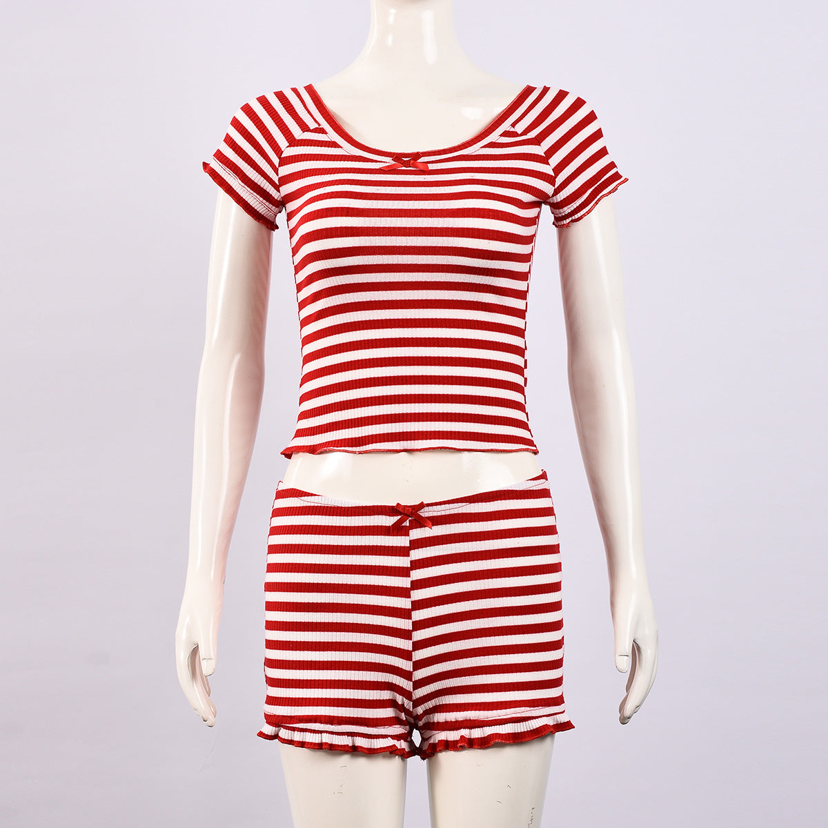 Supply Summer Sexy U Collar Backless Cropped Striped Short Sleeve Shorts Two Piece Sets