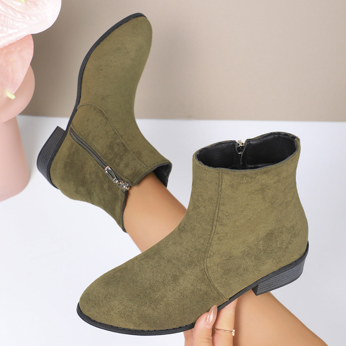 Suede Short Martin Boots Women Thick Heel with British Side Thin Coat with Zip Ankle Boots