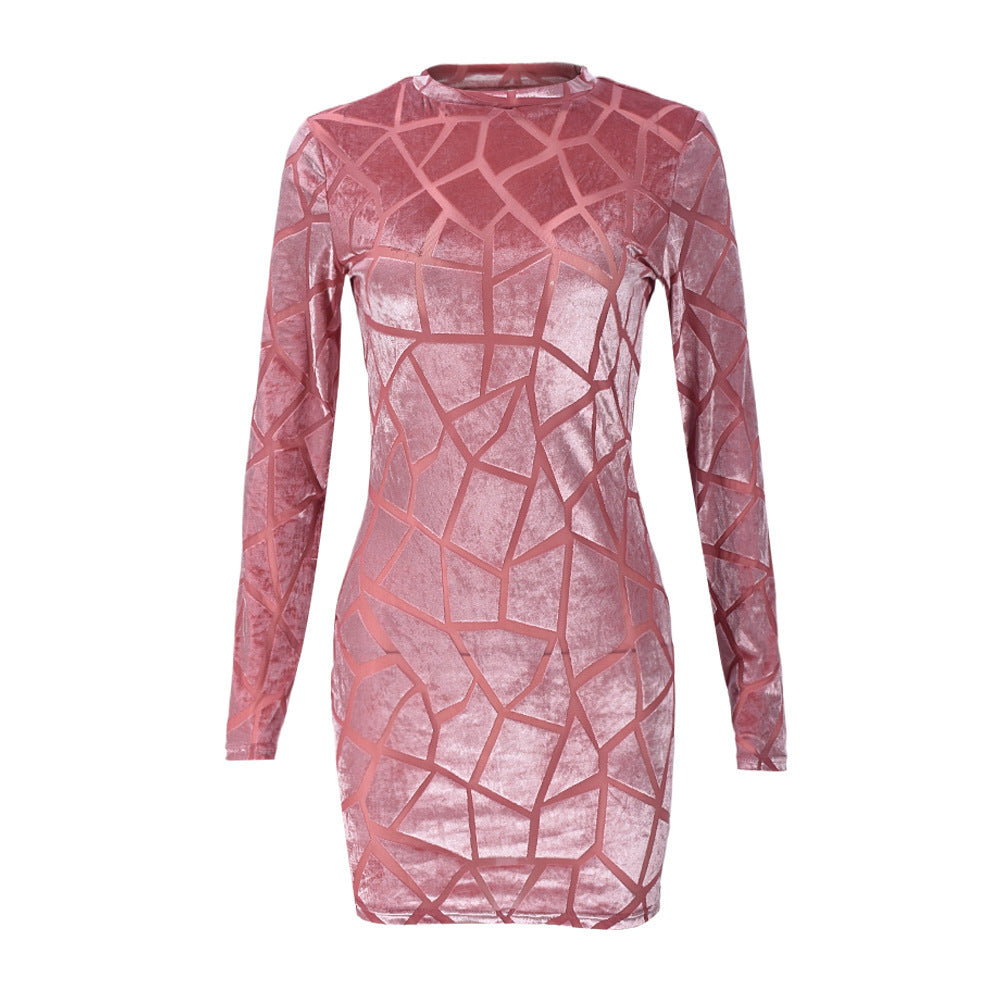 Women Hip Wear round Neck Long Sleeve Flocking Sexy Short Hip Dress
