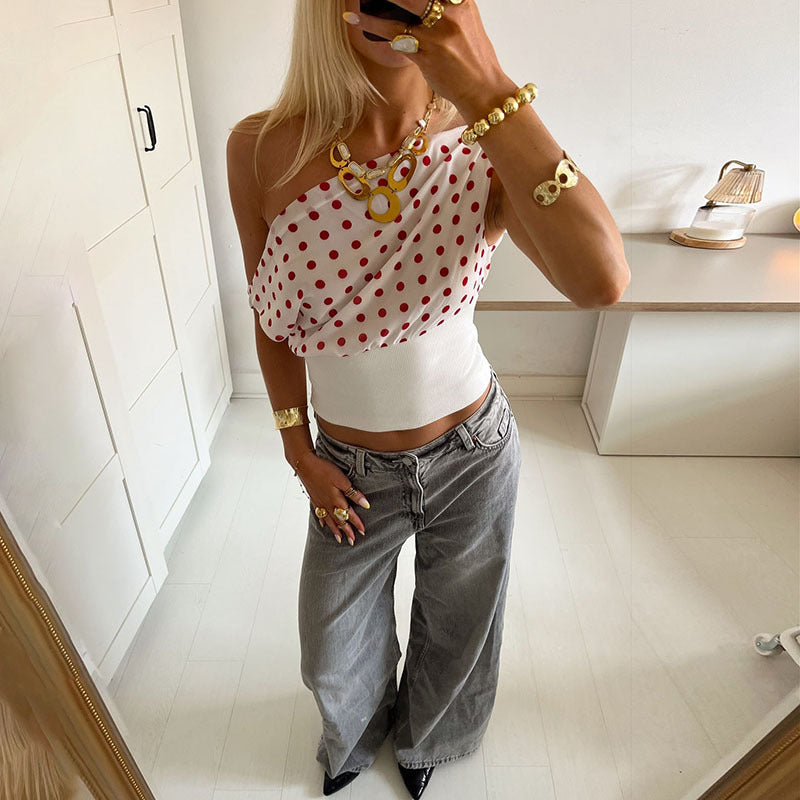 Summer Women Clothing Retro Gentle Dot Sexy One Shoulder Cropped Waist Controlled Top Women