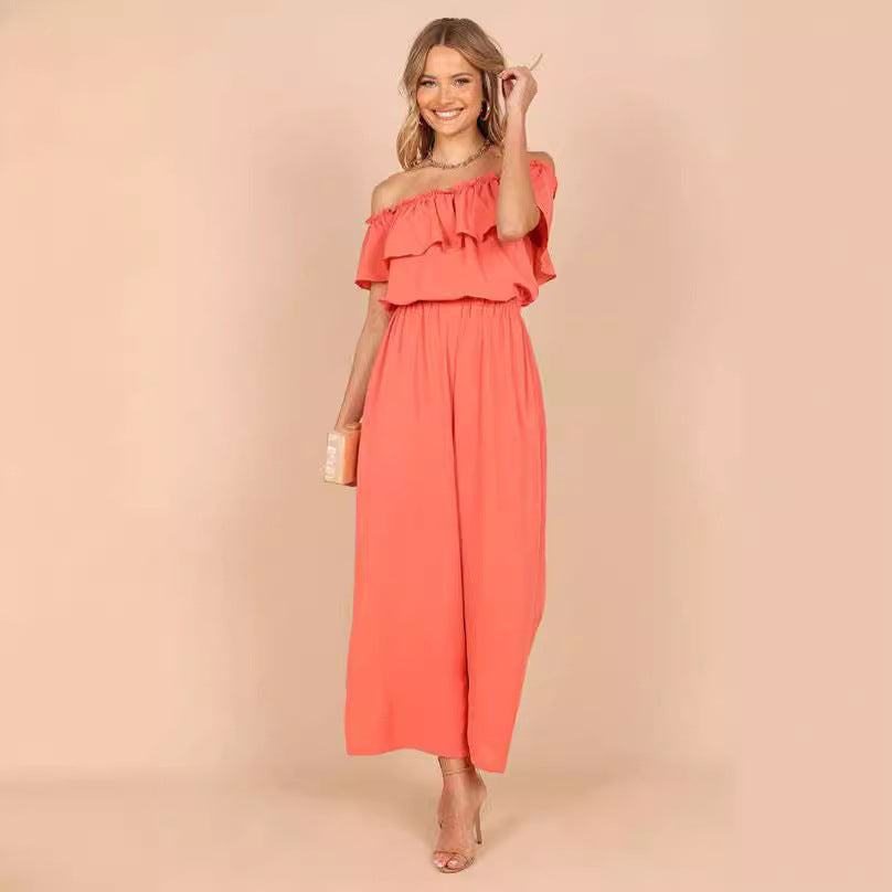 Casual Jumpsuit Summer off Shoulder Ruffled Solid Color Wide Leg Jumpsuit