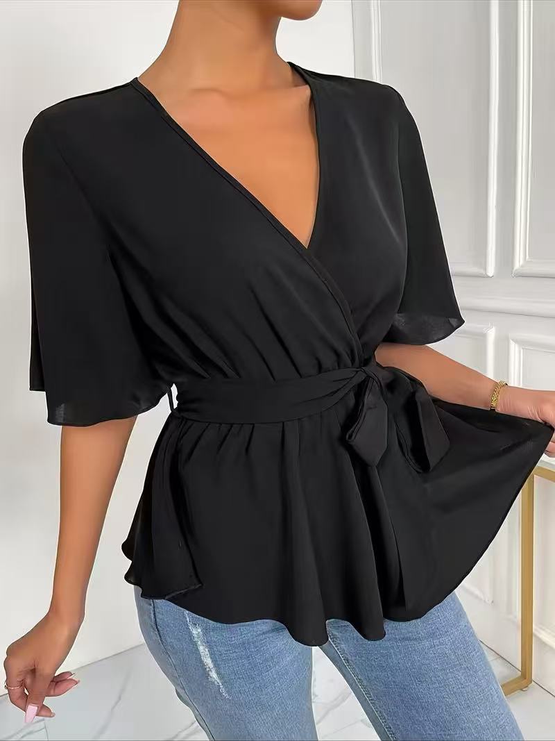 Solid Color Elastic Waist Belt Women Summer Elegance Bell Sleeve Shirt Top Stand Alone