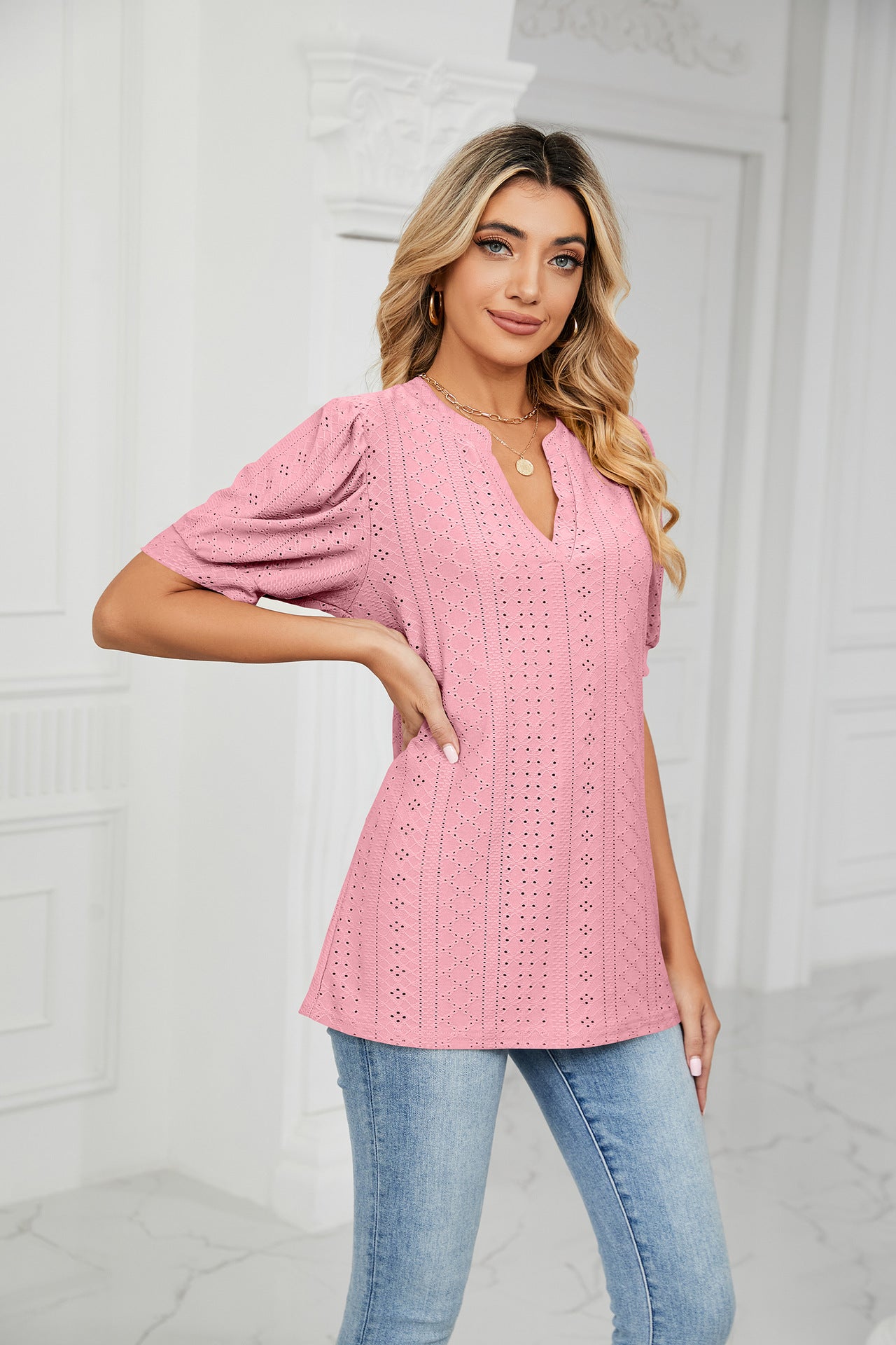Summer Casual V Neck Solid Color Hollow Out Cutout Puff Sleeve Loose Fitting T Shirt Top Women