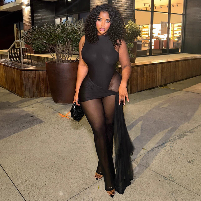 Slim Fit Sports Women round Neck Micro Transparent Mesh Jumpsuit Sexy Solid Color Backless Long Jumpsuit