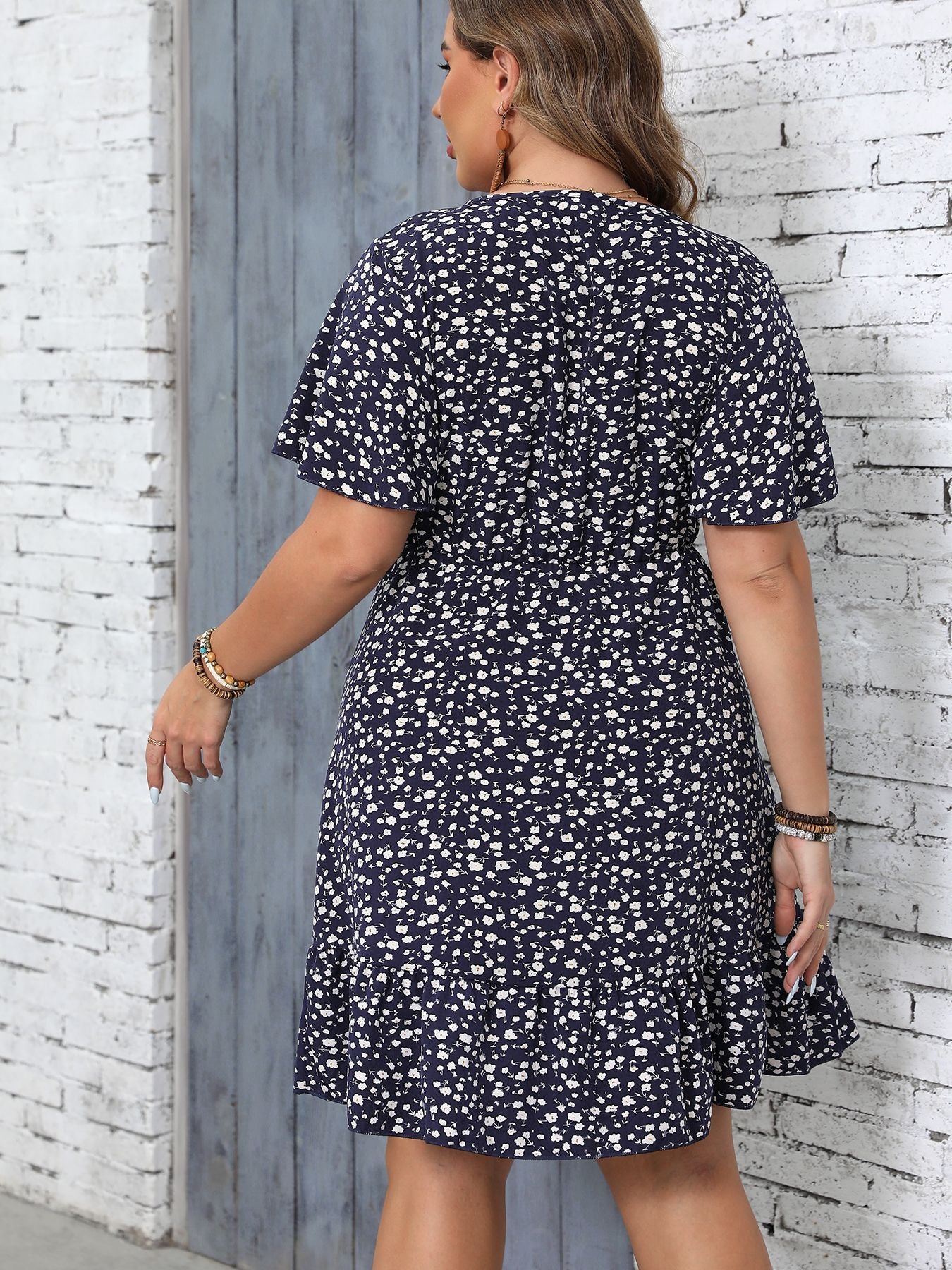 Plus Size Women Sundress Summer Floral Short Sleeve Wrap V neck A line Dress
