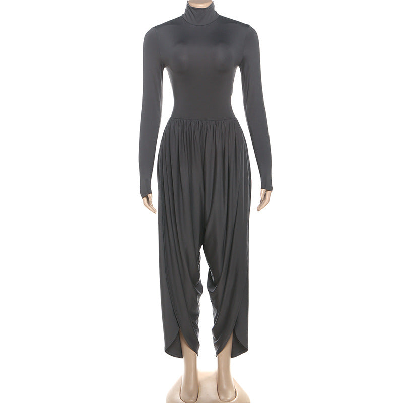 Fall Women Clothing Slim Fitting Cool Turtleneck Solid Color Long Sleeve Pleated High Waist One Piece Trousers Women