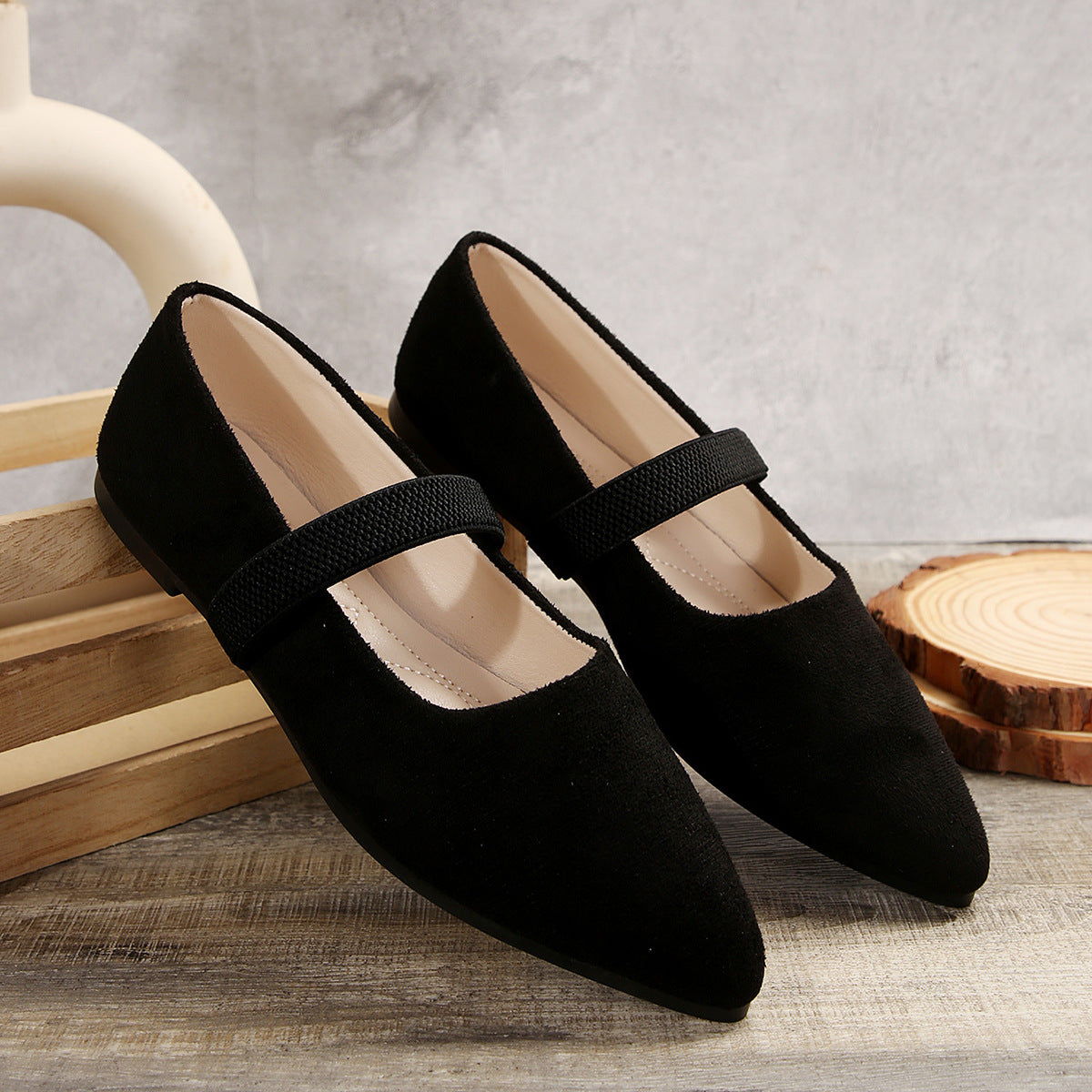 Pointed Toe Rhinestone Low Cut Flat Pumps Women Suede Four Seasons Work Shoes Supply