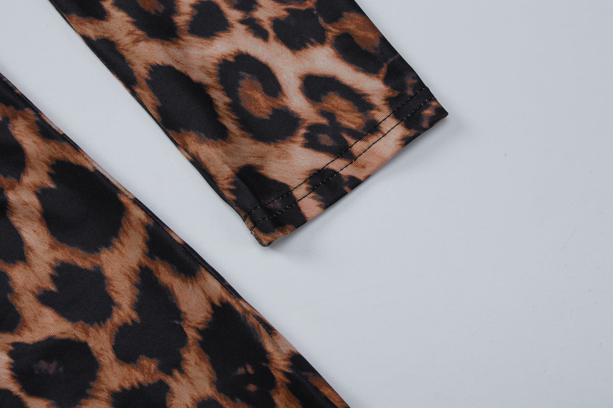 Women Clothing Autumn Winter Leopard Print V neck Long Sleeve Sexy Tight Jumpsuit Women