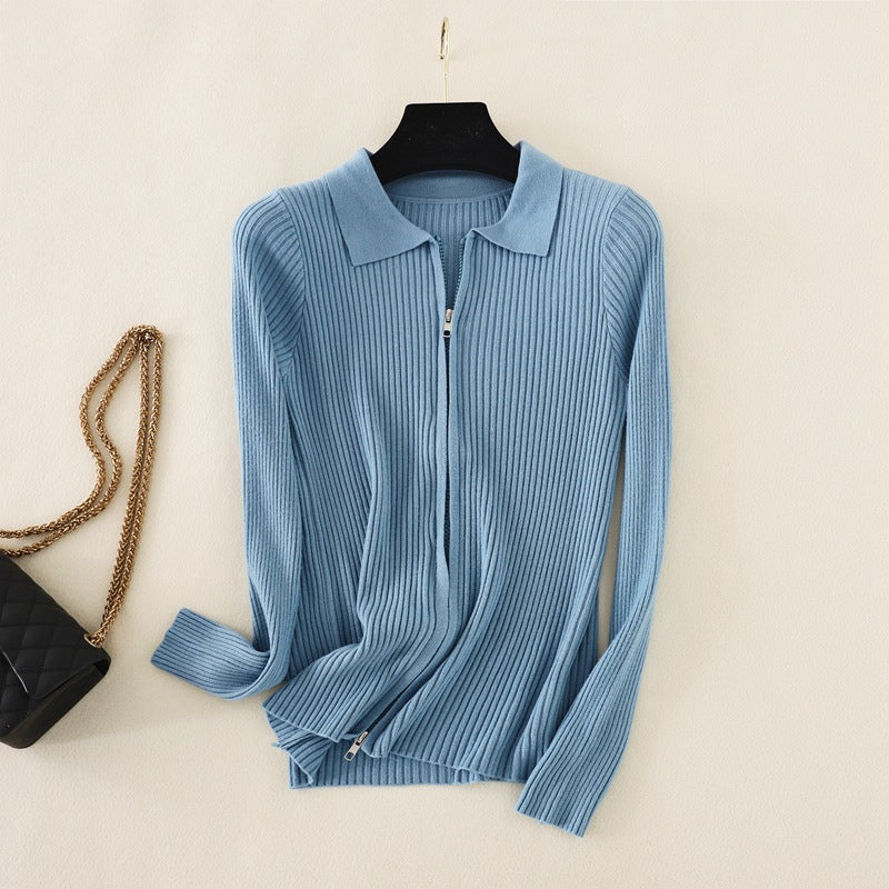 Knitted Bottoming Solid Color Slim Fit Top Long Sleeve Polo Collar Women Short Sweater Autumn Winter Cardigan