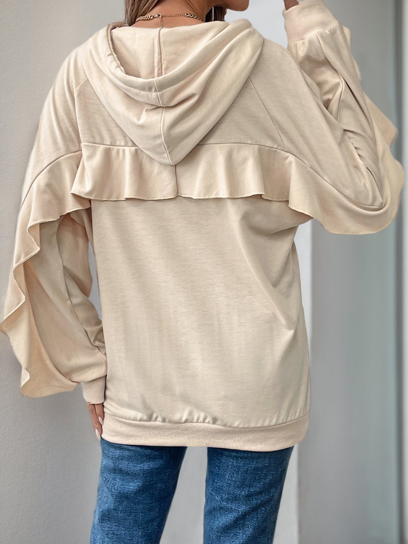 Hoodie With Drawstrings Ruffled Long Sleeve Pocket Solid Color Hoodie Autumn Winter Women