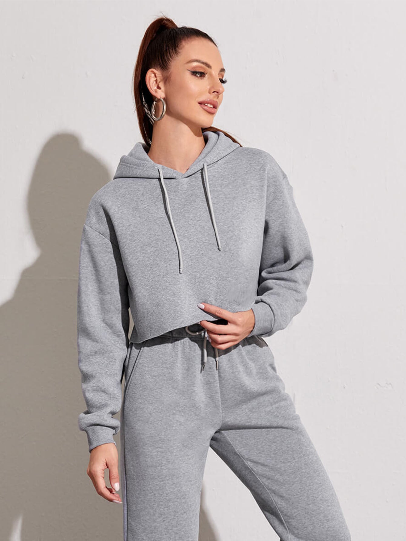 Fleece Solid Color Short Navel-Exposed Hooded