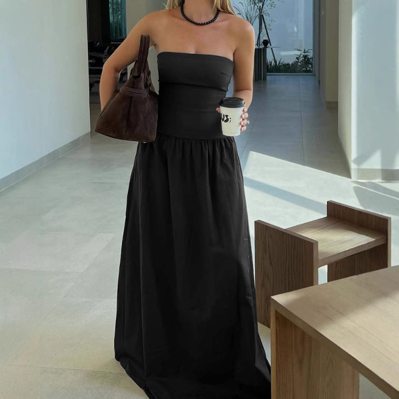 Women Clothing Summer Wrapped Chest Sexy Slimming Beam Waist Pleated A line Dress