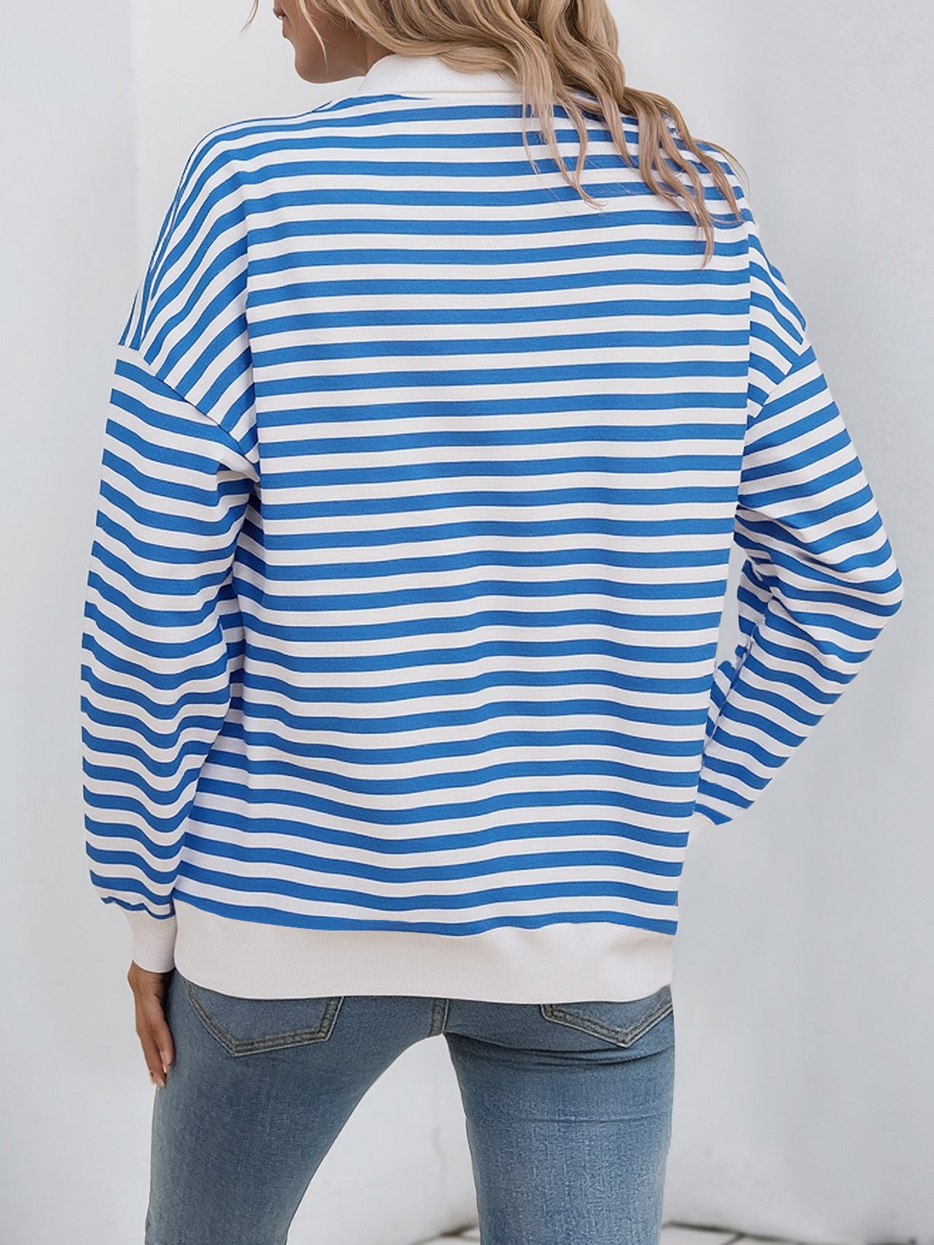 Spring Autumn Casual Top Collared Cardigan Long Sleeve Striped Sweater