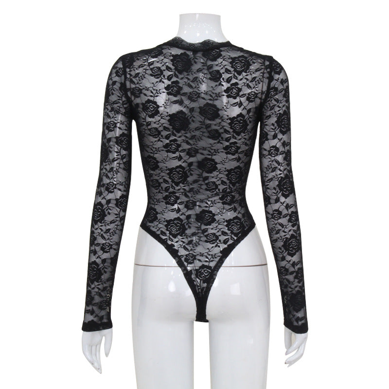 Women Clothing Sexy Lace See through Long Sleeve Tight Sexy Lace Sexy Jumpsuit Top