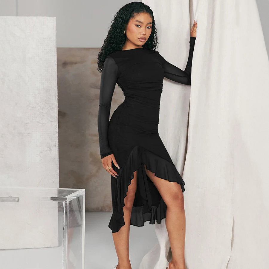 Women Clothing Summer Mesh Long Sleeve Backless Slit Ruffled Dress
