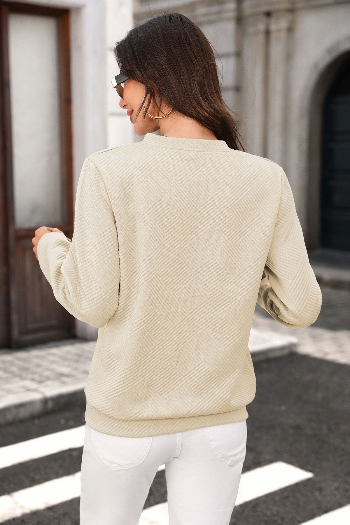 Autumn Winter Solid Color Zipped round Neck Loose Long Sleeve Sweatershirt Ladies