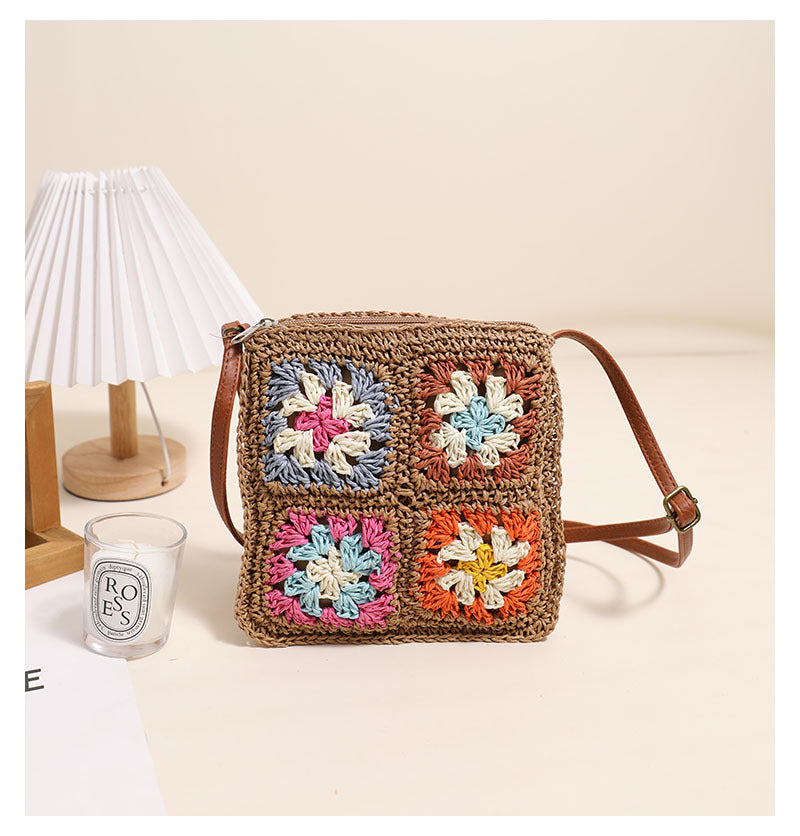 Hollow Out Cutout Floral Crossbody Straw Bag Retro Square Straw Bag Woven Bag Vacation Beach Bag All Match Shoulder Bag
