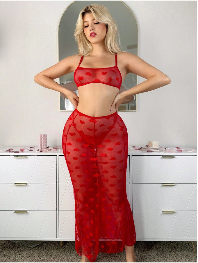 Valentine Day Sexy Split Group Heart Printing Thin Transparent Mesh Sexy Lingerie Set