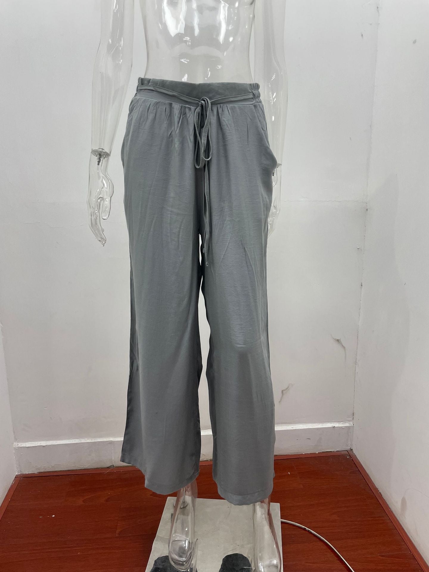 Summer Women High Waist Casual Trousers Solid Color Elastic Waist Lace-up Loose Wide-Leg Pants Women