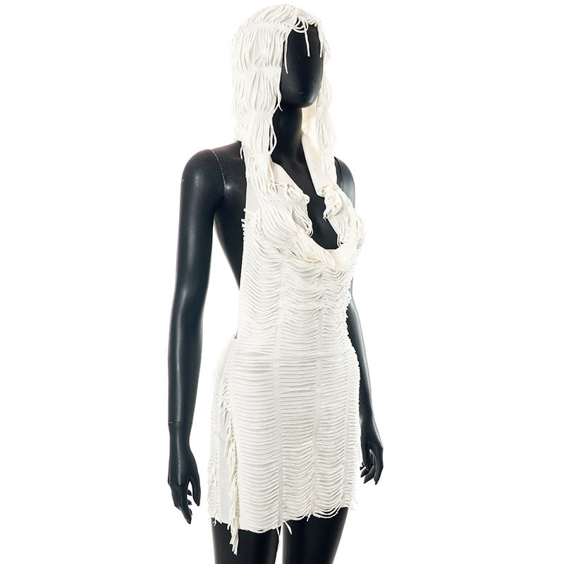 Women Summer Solid Color Casual Sleeveless Hooded Tassel Slim Short Dress
