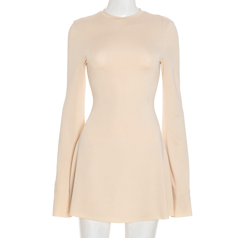 Women Clothing Autumn Winter Solid Color Casual Slim Flared Long Sleeve A Hemline Short Dress