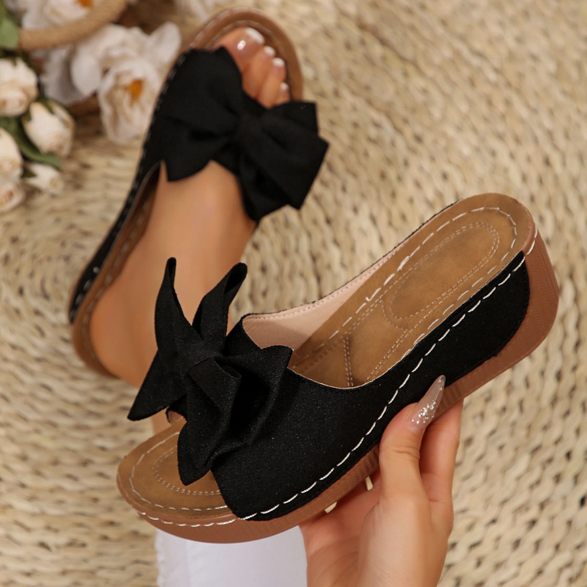 Wedge Platform Slippers Women Bow Fish Mouth Beach Slippers