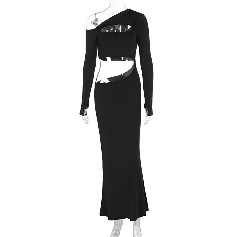 Women Clothing Sexy Hollow Out Cutout Solid Color Diagonal Collar Long Sleeve Dress