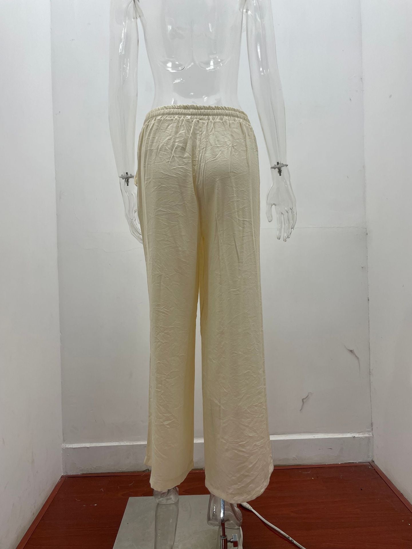 Summer Women High Waist Casual Trousers Solid Color Elastic Waist Lace-up Loose Wide-Leg Pants Women