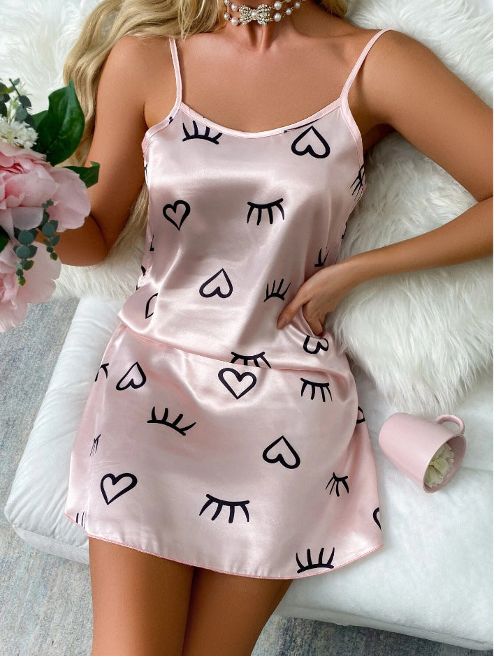 Women Ice Silk Strap Night Dress Sexy Backless Pajamas Women Thin Breathable Printed Suspender Dress