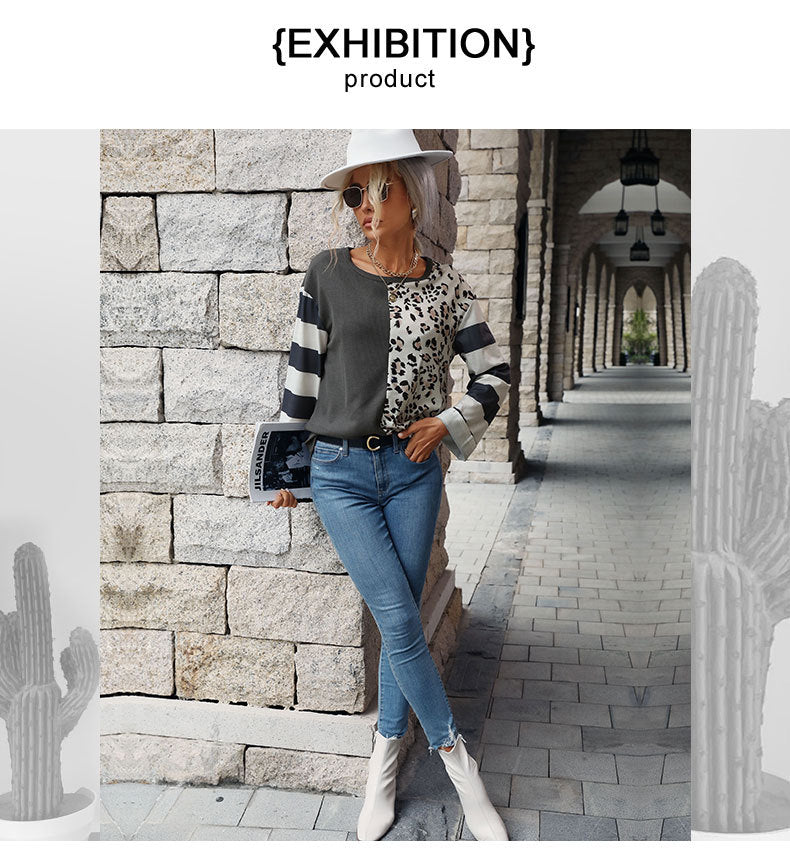Autumn Winter Women Stitching Long-Sleeved Striped Sweater