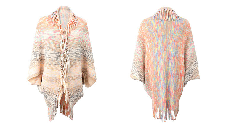 Autumn Winter New Shawl Cape Sweater Tassel Hem Color Cardigan for Women