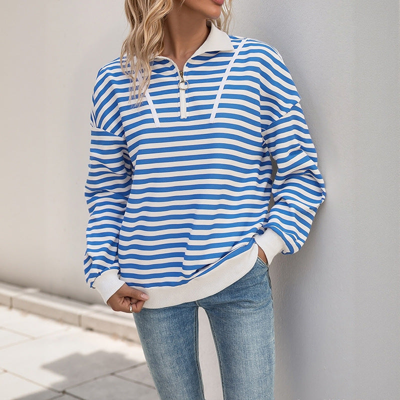 Spring Autumn Casual Top Collared Cardigan Long Sleeve Striped Sweater