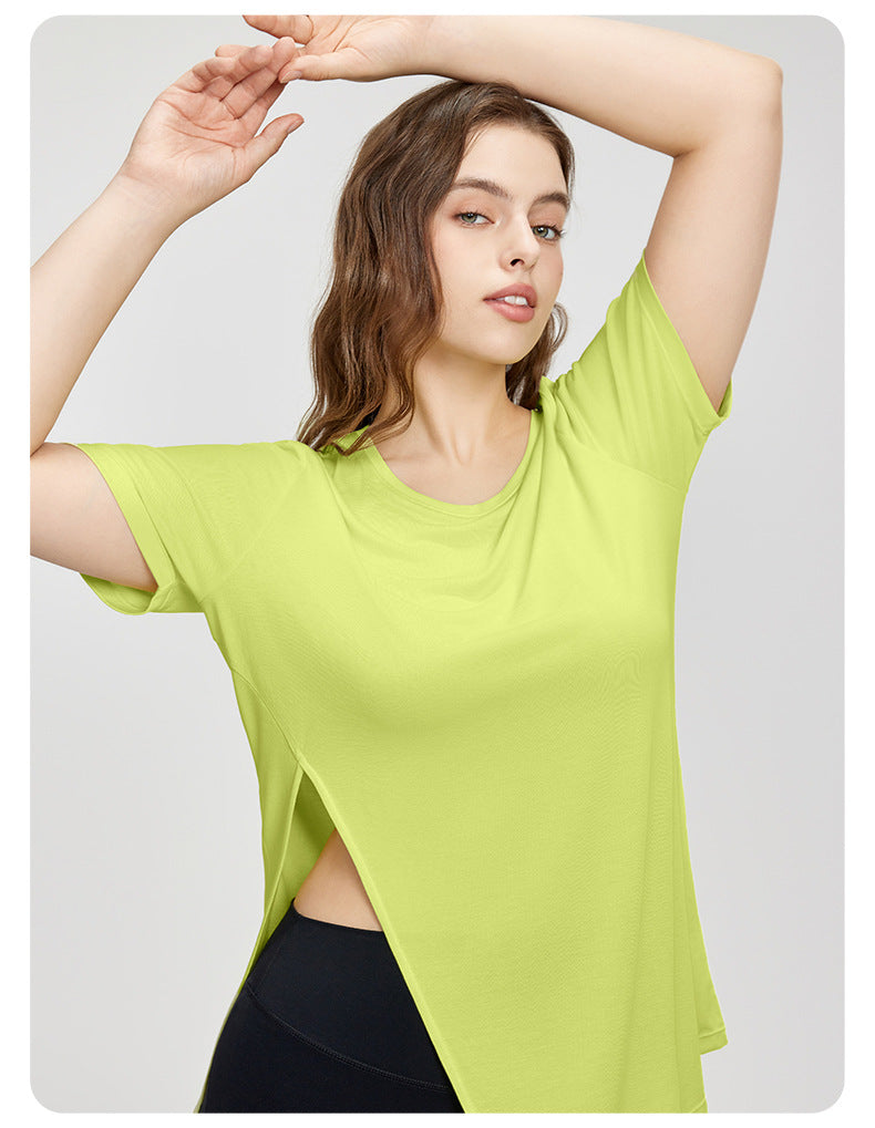 Plus Size Yoga Clothes Blouse Women Summer Loose Breathable Thigh Length Casual T shirt Side Slit Exercise Short Sleeve